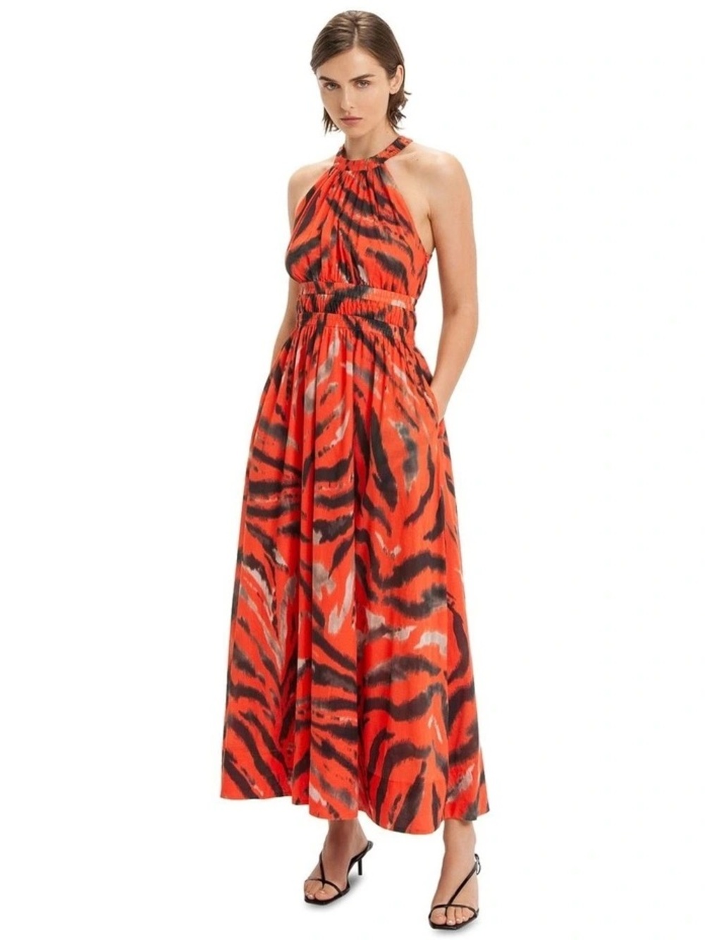CUE High Neck Ruched Midi Dress in Coral Size 10